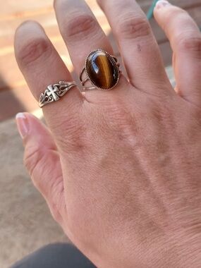 Solid Sterling Silver Tiger Eye Oval Ring - Brown Gemstone